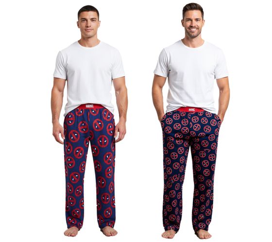 RE:COVERED X MARVEL Pantalones de pijama con estampado de Deadpool Icon Repeat para hombre PCMARV504 Azul marino/Rojo