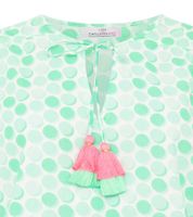 ZWILLINGSHERZ Pünktchen Damen Sommer-Bluse mit Polka Dots Muster Tunika-Shirt mit Quaste oder Ohne in Grün oder Blau