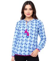 ZWILLINGSHERZ Pünktchen Damen Sommer-Bluse mit Polka Dots Muster Tunika-Shirt mit Quaste oder Ohne in Grün oder Blau