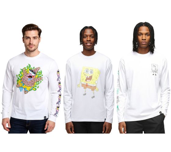 Maglia a maniche lunghe da uomo RE:COVERED X Nickelodeon con varie stampe, girocollo in cotone, con stampa SpongeBob SquarePants, bianca