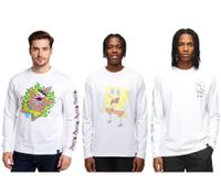 RE:COVERED X Nickelodeon Men's Long-Sleeved Shirt with Various Prints SpongeBob SquarePants Cotton Pullover Crew Neck Shirt in White