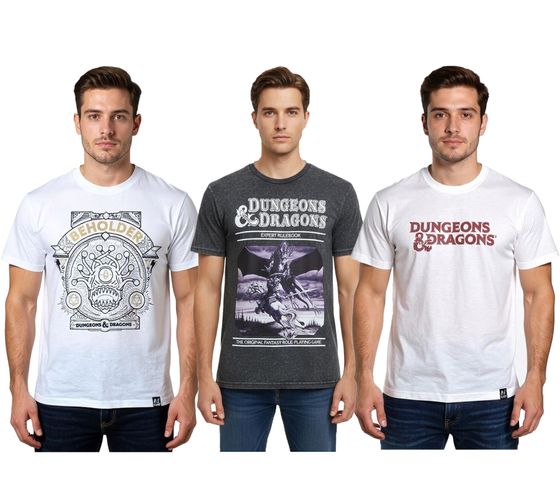 T-shirt da uomo RE:COVERED X DUNGEONS & DRAGONS, girocollo in cotone, RCHAS1 in bianco crema o nero/grigio
