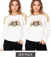 2er Pack Damen Weihnachts-Pullover mit Pailletten und Rundhals-Ausschnitt Tannenbaum-Pullover Langarm-Shirt mit Glitzer 951396 Weiß