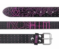 HIM Gürtel Echtleder-Gürtel mit Band-Schriftzug stylischer Freizeit-Gürtel Länge 110cm Schwarz/Lila 