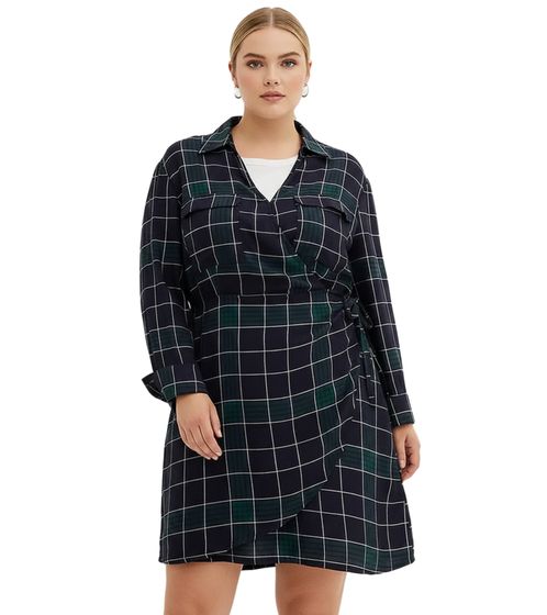 Miniabito da donna morbido e fluido, abito a portafoglio a quadri con colletto a camicia, 914043 Blu