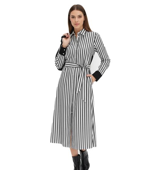 Abito midi classico da donna, abito chemisier con motivo a righe, abito in cotone 934129, nero/bianco