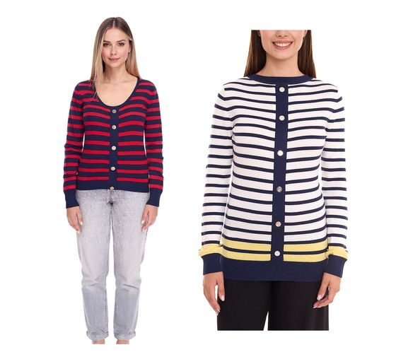 DELMAO Women's Knit Sweater with Decorative Button Placket, Long-Sleeved Shirt Sweater in Red/Dark Blue or Blue/White