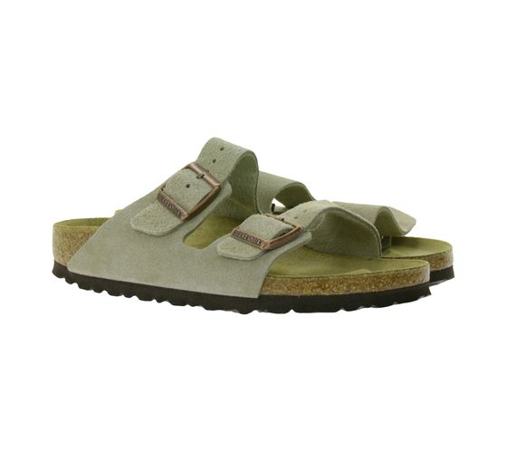 BIRKENSTOCK Arizona Veloursleder-Schlappen Damen und Herren Pantoletten Made in Germany schmale Breite Weichfußbett 51463 Taupe-Grau