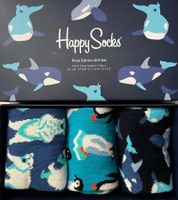 3 pairs of Happy Socks cotton socks in a gift box "Polar Edition" with polar bears, penguins, and whales in blue/navy/black or "Sausage & Beer" with sausage, beer, and stripes in blue/navy/red