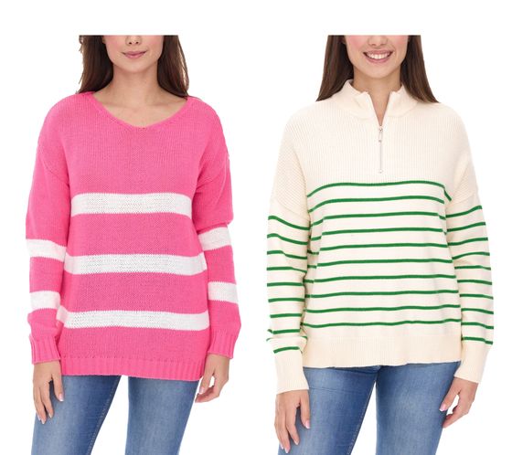 Aniston CASUAL Women's Knit Sweater, Striped Everyday Sweater, Long-Sleeved Shirt in Pink/White and Beige/Green