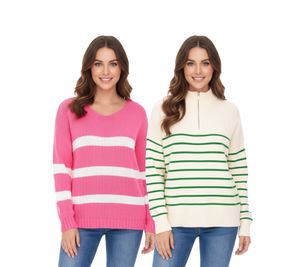 Pull femme Aniston CASUAL, pull rayé, manches longues, rose/blanc et beige/vert