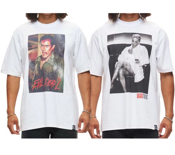 RE:COVERED X Studio Canal Men's T-Shirt EVIL DEAD 2 or BASIC INSTINCT Cotton Shirt with Large Print, Crew Neck, RCSTC12 White