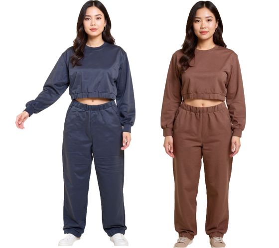 ZEGY Women's Jogging Suit, Sweat Jogger, Crop Sweater, Cotton Set 1072, Brown or Navy