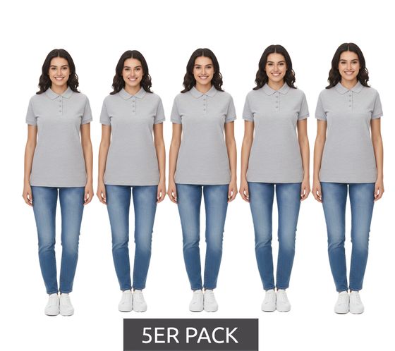 5er Sparpack SANTINO Mika Damen Polo-Shirt aus Bio-Baumwolle Polo-Hemd mit 4er Knopfleiste Kurzarm-Shirt meliert 210 gr/m2 Grau