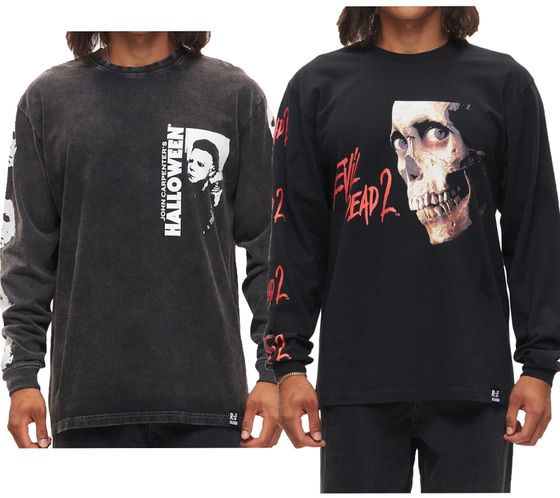 RE:COVERED X Studio Canal Evil Dead 2 or Halloween Men's Long-Sleeved Shirt with Movie Print, Cotton Long-Sleeve Pullover, Black
