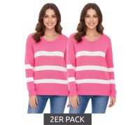 2er Sparpack Aniston CASUAL Damen Strick-Pullover mit Baumwollanteil Alltags-Pullover Langarm-Shirt 39680449 Rosa/Weiß