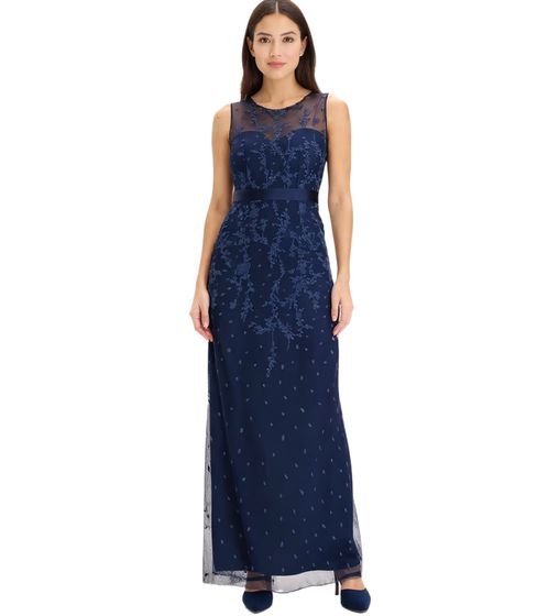 Romantic women's evening dress with beautiful lace and floral embroidery, maxi dress 938223, blue