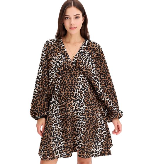 Wild Women's Summer Dress, Animal Print Dress with Balloon Sleeves, Short Mini Dress, 973887 Brown