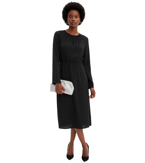 Minimalistisches Damen Satin-Kleid Frühlings-Kleid mit langen Ärmeln Maxi-Kleid 911211 Schwarz 