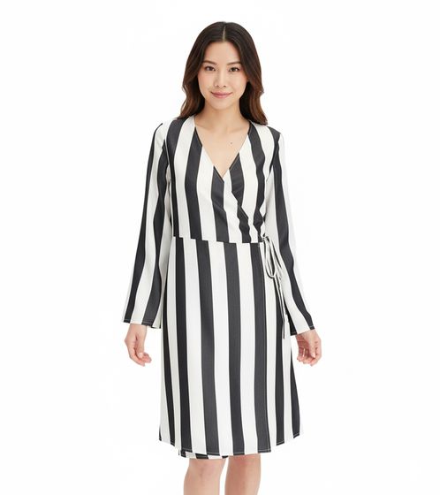 Schönes Streifenkleid für Damen Wickel-Kleid mit V-Ausschnitt Mini-Kleid 978829 Schwarz/Weiß