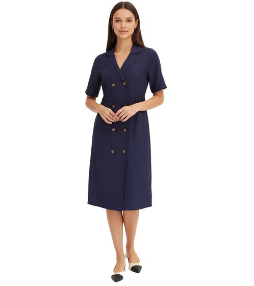 Robe midi élégante pour femme avec col à revers, robe d'automne, robe à manches longues, 934680, bleu foncé