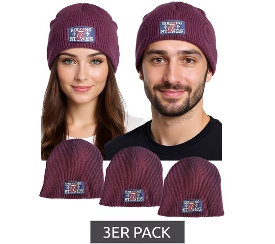 Confezione da 3 cappellini Rolling Stones: caldo berretto primaverile, comodo berretto lavorato a maglia, articolo per tifosi KC100589RST, rosso vino/blu