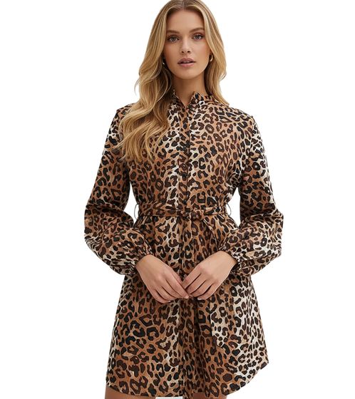 Damen Blusen-Kleid Midi-Kleid mit Leopardenmuster Hemd-Kleid 974466 Braun/Schwarz