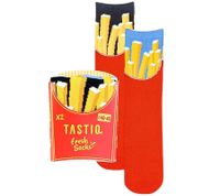 4 pares de calcetines de algodón TASTIQ con estampado de patatas fritas, calcetines largos en una elegante caja de regalo con bolsa para patatas fritas TAS/1/CSX2/FRI, rojo/amarillo/negro/azul claro