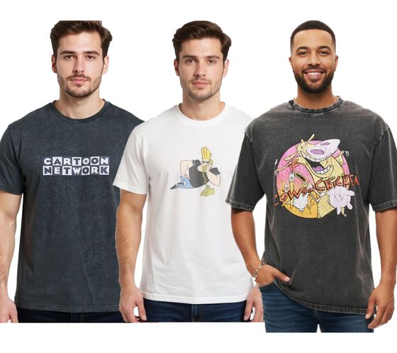 RE:COVERED X Cartoon Network Herren T-Shirt mit Comic Print Baumwoll-Shirt Rundhals-Shirt Grau oder Weiß