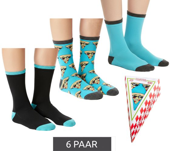 6 pairs of TASTIQ cotton socks with pizza print, long socks in a stylish pizza gift box, fresh Socks Tas/1/CSX3/PIZ, blue/black/yellow