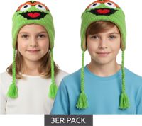 3er Sparpack Sesamstraße Oskar aus der Tonne Mütze Kinder Beanie mit Zöpfen KC148220SES Grün