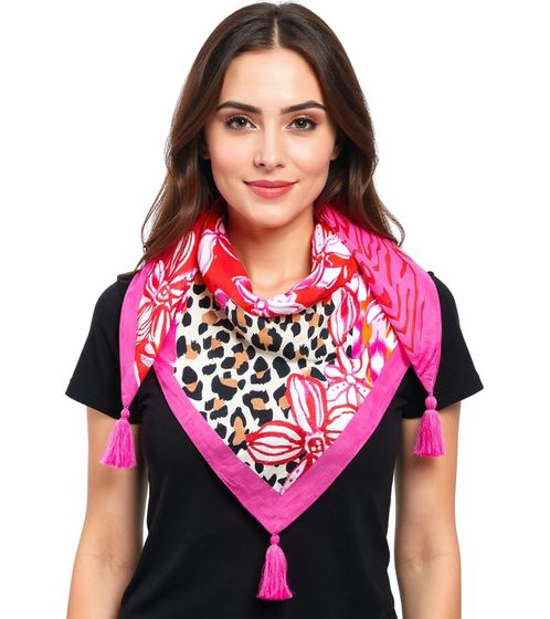 ZWILLINGSHERZ Wild Flower Leopard Dreiecks-Tuch mit Animal-Print und Blüten Mode-Tuch 3014D-0204-14 Pink/Bunt