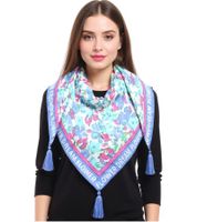 ZWILLINGSHERZ Blumenwiese Dreiecks-Tuch mit Blumen-Print und Flowerdream Schriftzug Mode-Tuch 3014D-0107-85 Blau/Pink/Weiß