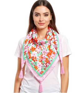 ZWILLINGSHERZ Blumenwiese Dreiecks-Tuch mit Blumen-Print und Schriftzug Mode-Tuch 3014D-0107-95 Orange/Pink/Grün ZWILLINGSHERZ Blumenwiese Dreiecks-Tuch mit Blumen-Print und Schriftzug Mode-Tuch 3014D-0107-95 Orange/Pink/Grün