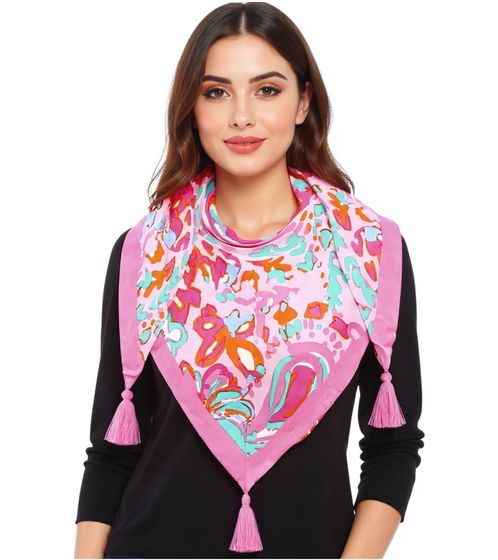 Sciarpa triangolare ZWILLINGSHERZ Painted Art con fiori e nappe, sciarpa alla moda 3014D-3010-9 Rosa/Arancione/Blu