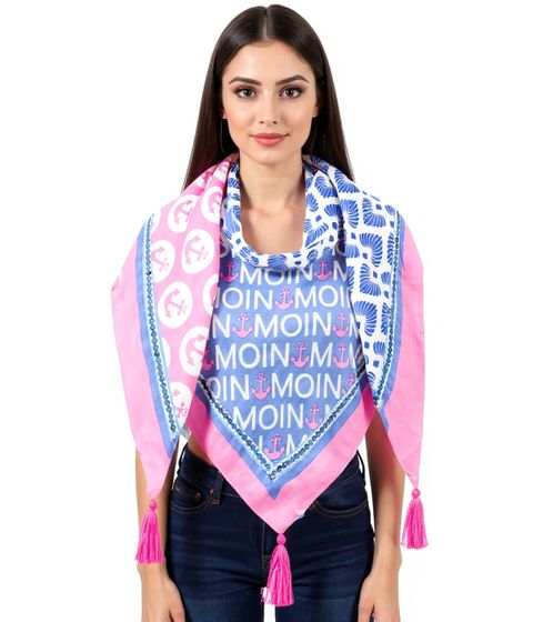 Sciarpa triangolare ZWILLINGSHERZ con motivo mix di fantasie in stile marittimo e scritta Moin Moin, sciarpa alla moda 3014D-0703-18 Blu/Rosa/Bianco
