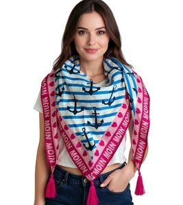 Bufanda triangular ZWILLINGSHERZ con estampados marinos y letras Moin Moin, 3014D-0703-27 Azul/Rosa/Blanco Bufanda triangular ZWILLINGSHERZ con estampados marinos y letras Moin Moin, 3014D-0703-27 Azul/Rosa/Blanco