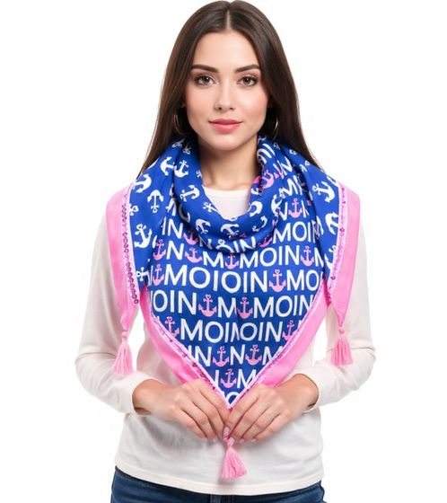 Sciarpa triangolare ZWILLINGSHERZ con ancora a cuore in stile marittimo e scritta Moin Moin, sciarpa alla moda 3014D-0703-89 Blu/Rosa/Bianco