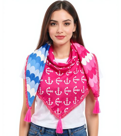 Bufanda cuadrada ZWILLINGSHERZ con diseño de escamas y anclas, 3016Q-0712-6, rosa/azul/blanco