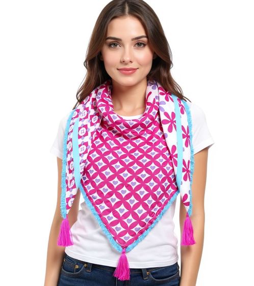 Sciarpa quadrata ZWILLINGSHERZ Alwine con cuori e fiori, sciarpa alla moda 3016Q-1008-7 Turchese/Rosa/Bianco