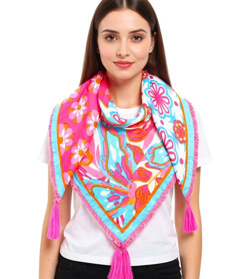 Sciarpa quadrata ZWILLINGSHERZ Flower Power con fiori retrò, sciarpa alla moda 3016Q-0609-88 Rosa/Turchese/Multicolore