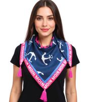ZWILLINGSHERZ Beach Happiness Square Scarf with Anchors and MOIN MOIN Lettering, Fashion Scarf 3016Q-2907-5 Blue/Pink/White