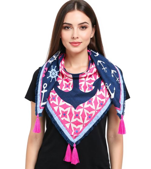 Sciarpa quadrata ZWILLINGSHERZ Sea Sun Sand con scritta "Ancore e Timoni" 3016Q-0629-5 Blu/Rosa/Bianco