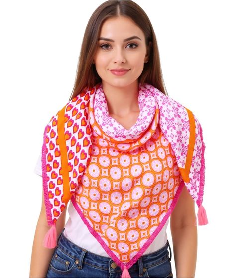 Sciarpa quadrata ZWILLINGSHERZ Majella con cuori e ornamenti in stile retrò, sciarpa alla moda 3016Q-1008-2 Rosa/Arancione