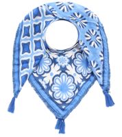 Sciarpa quadrata ZWILLINGSHERZ Be Happy con fiori e ornamenti, sciarpa alla moda 3016Q-0609-89 Blu/Bianco
