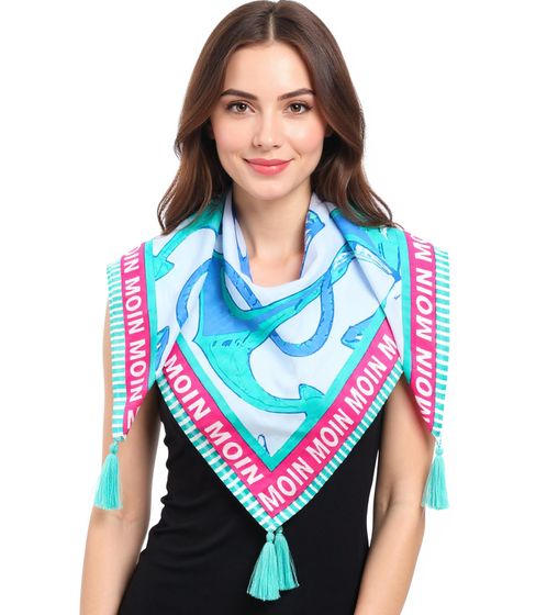 Sciarpa quadrata ZWILLINGSHERZ Ocean con ancore e scritta Moin Moin, sciarpa alla moda 3016Q-0208-69 Blu/Rosa/Menta