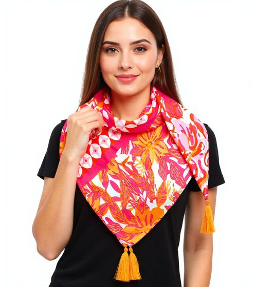 ZWILLINGSHERZ Hawaii Blume Vierecks-Tuch mit Blumen und Ornamenten Mode-Tuch 3016Q-2907-90 Orange/Pink