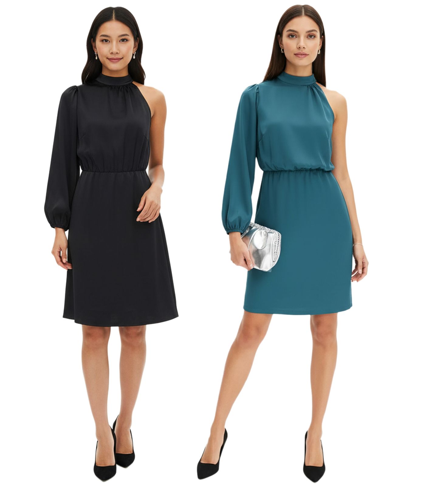 Stilvolles Damen One-Shoulder-Kleid Frühlings-Kleid aus glänzendem Satin Ausgeh-Kleid 925469 in Grün oder 919324 in Schwarz