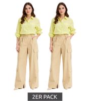 2er Pack Damen Cargo-Hose praktische Baumwolle Wide-Leg High-Waist Sommer-Hose 972109 Beige