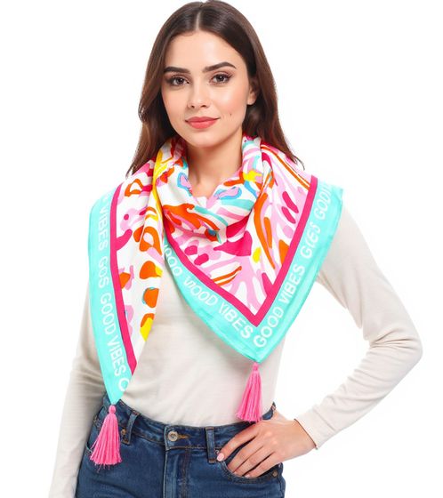 ZWILLINGSHERZ Floral Dream Square Scarf with Flowers and Good Vibes Only Print Fashion Scarf 3016Q-0208-21 Pink/Turquoise/Multicolored